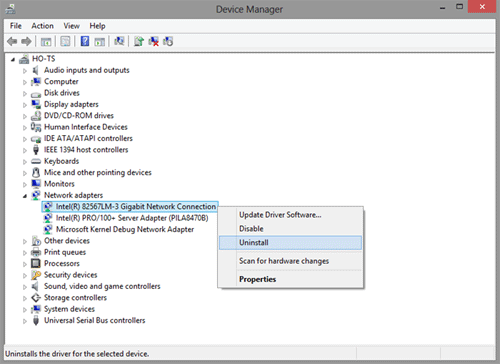 Device Manager, Network Adapter Properties, Uninstall